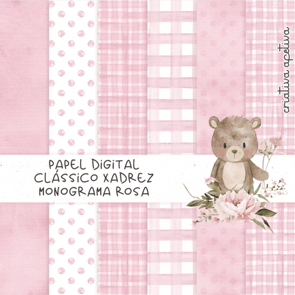 papel digital clássico xadrez monograma rosa