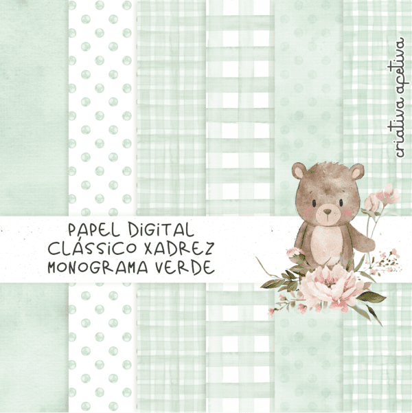 papel digital clássico xadrez monograma verde