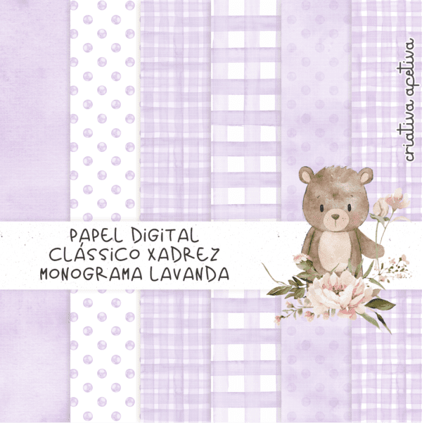 papel digital clássico xadrez monograma lavanda