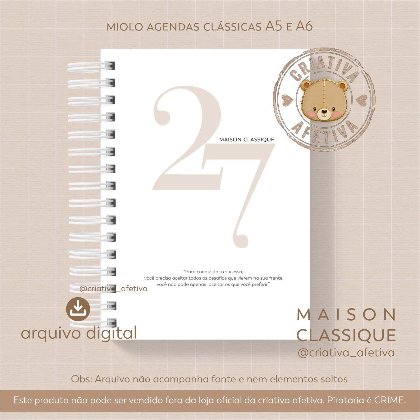 miolo agenda A5 e A6 bege - maison classique 2027