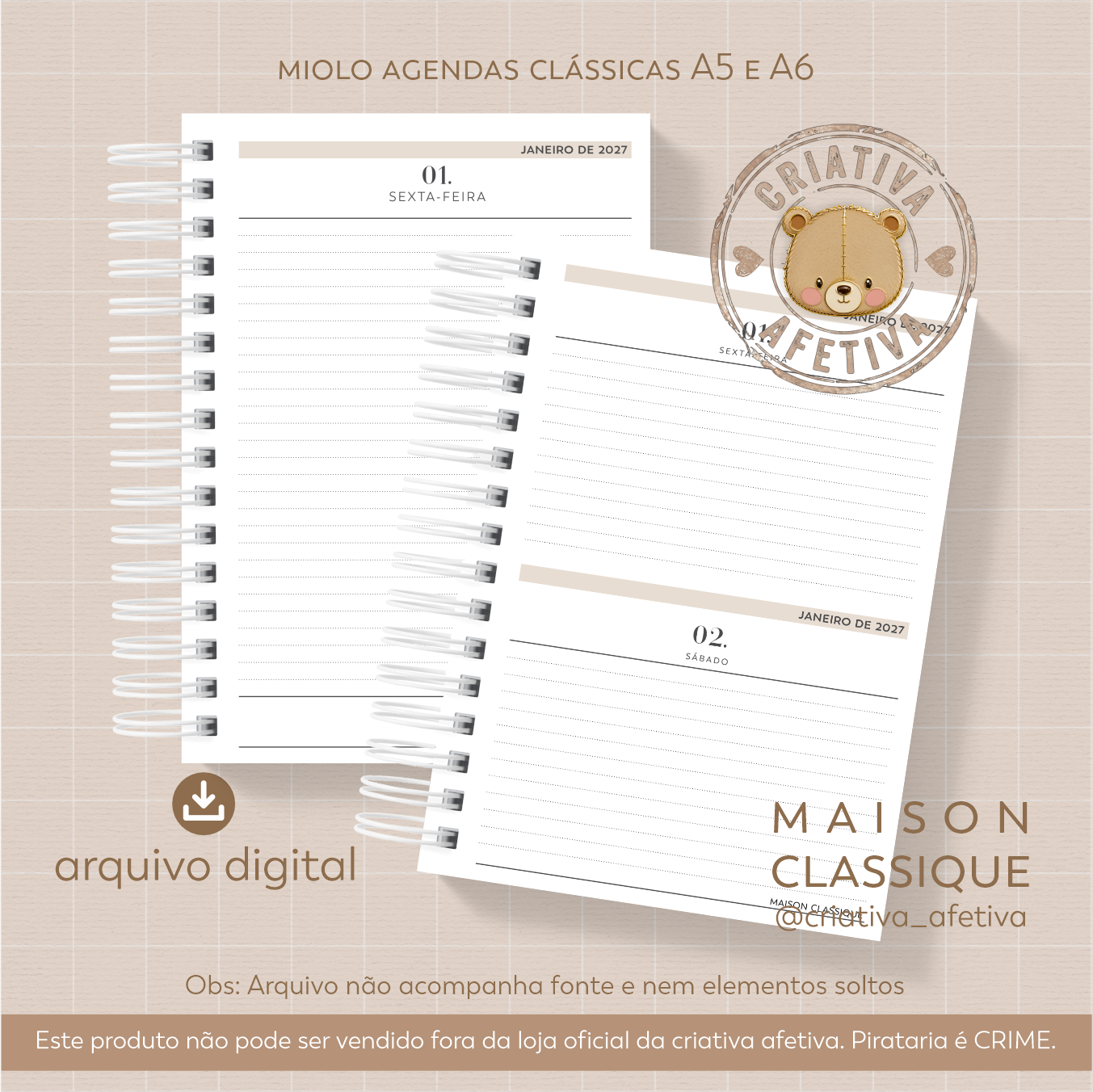 miolo agenda A5 e A6 bege - maison classique 2027 - Imagem 2